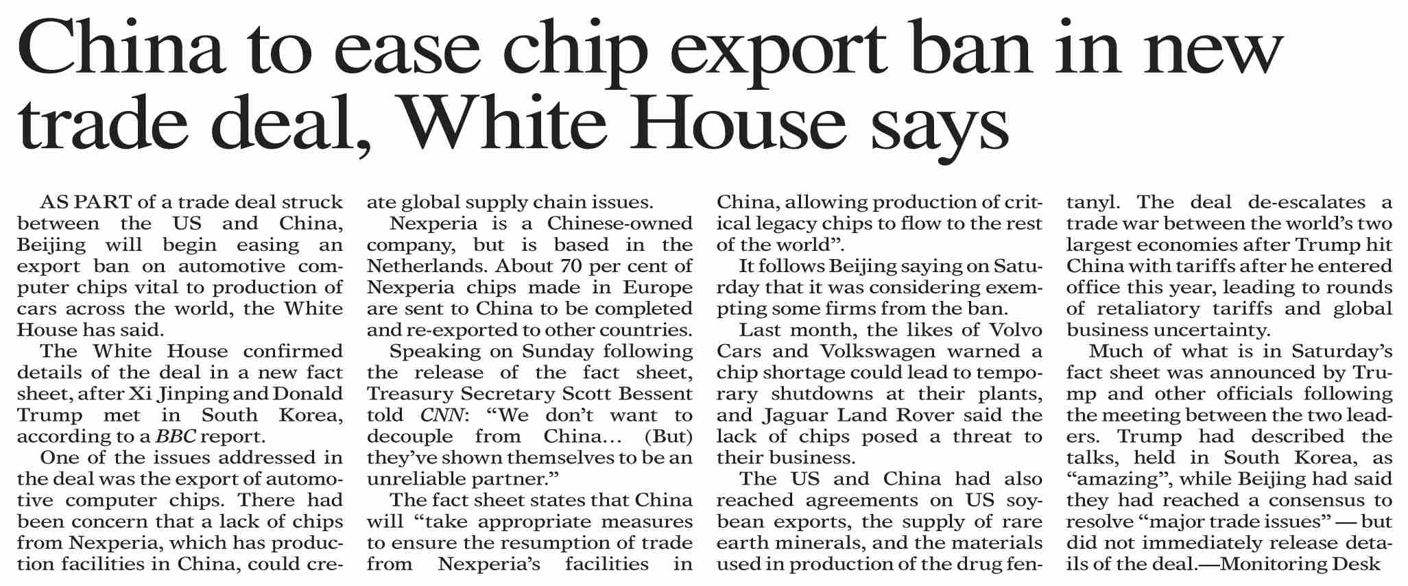 Dawn-ePaper | Nov 03, 2025 | China to ease chip export ban in new trade ...