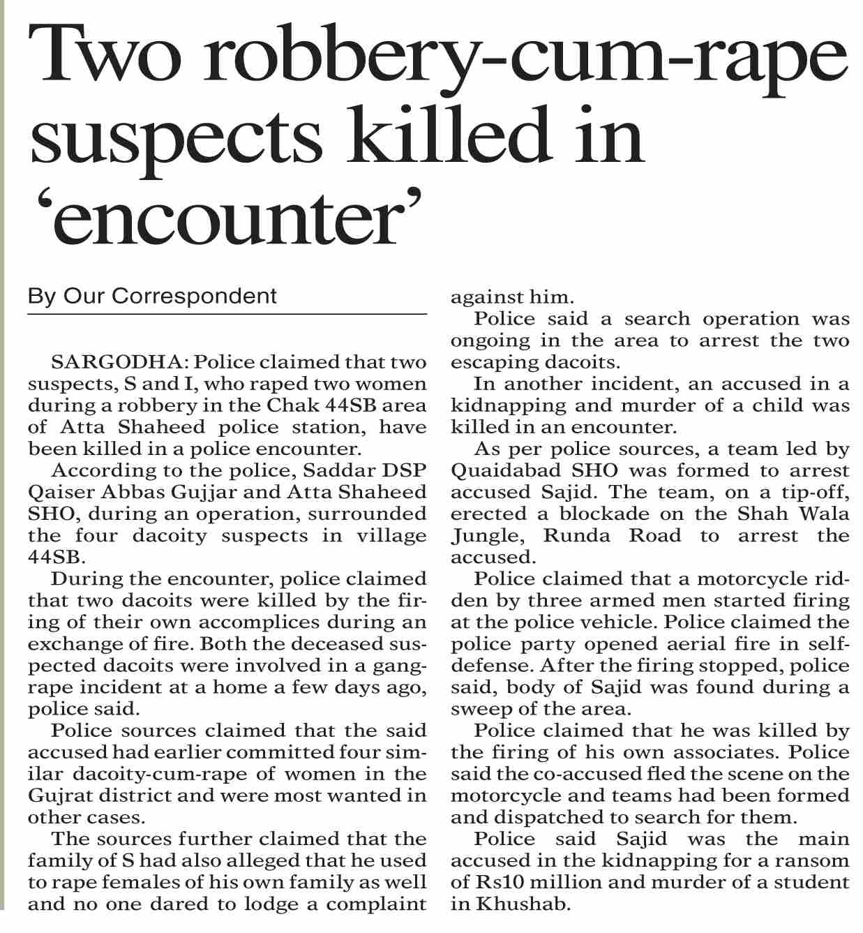 Dawn-ePaper | Nov 10, 2025 | Two robbery-cum-rape suspects killed in ...
