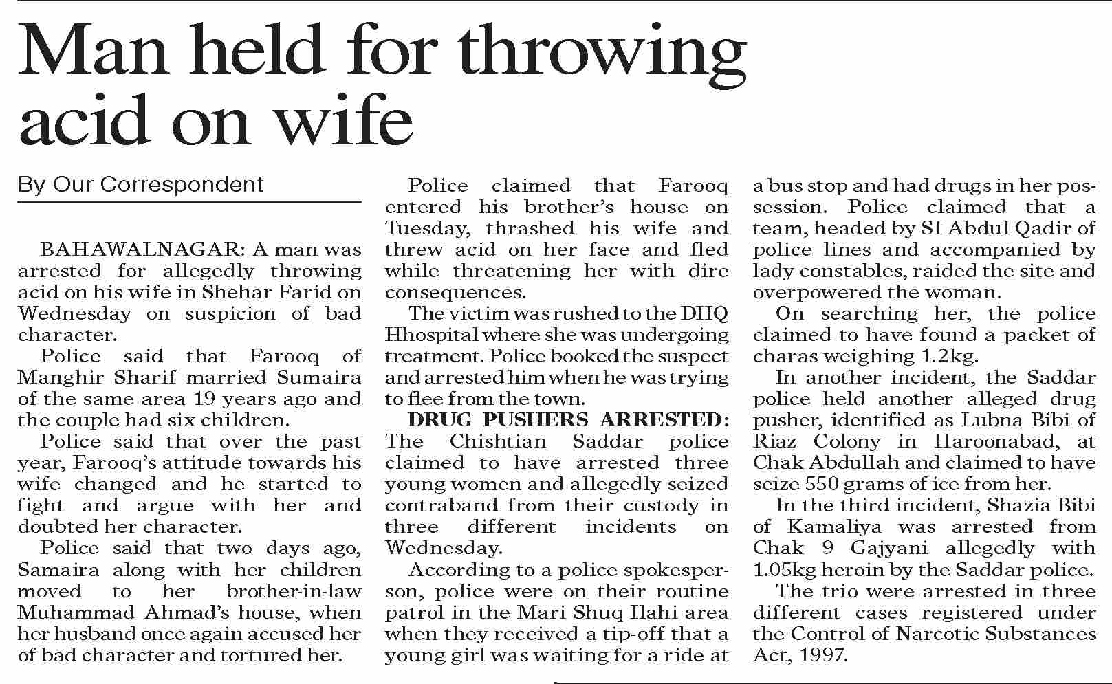 Dawn-ePaper | Nov 13, 2025 | Man held for throwing acid on wife