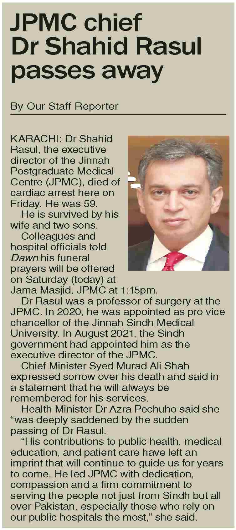 Shahid Rasala Dawn-ePaper | Nov 15, 2025 | JPMC chief Dr Shahid Rasul passes away