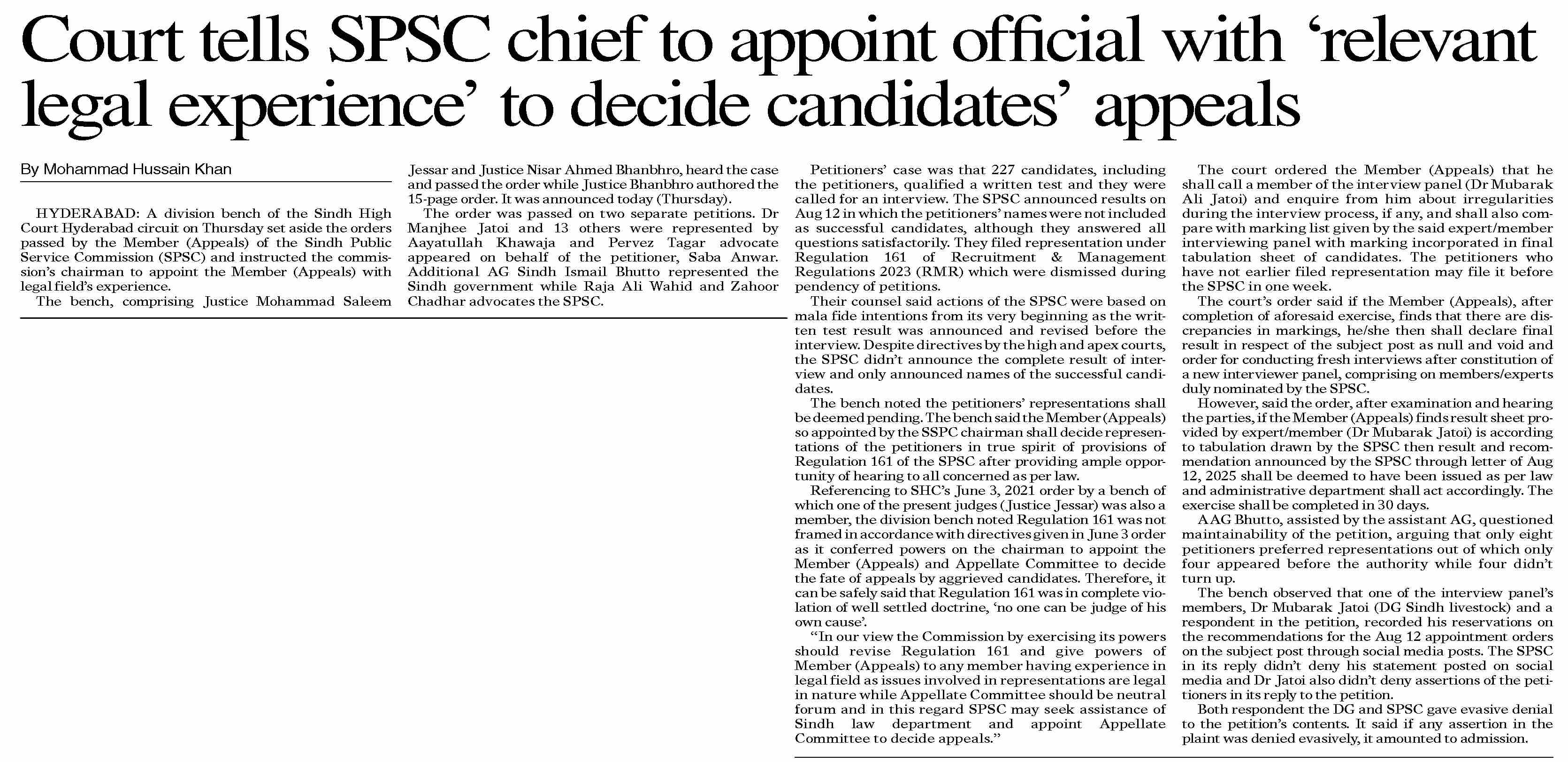 Spsc Article Dawn-ePaper | Nov 21, 2025 | Court tells SPSC chief to appoint official ...