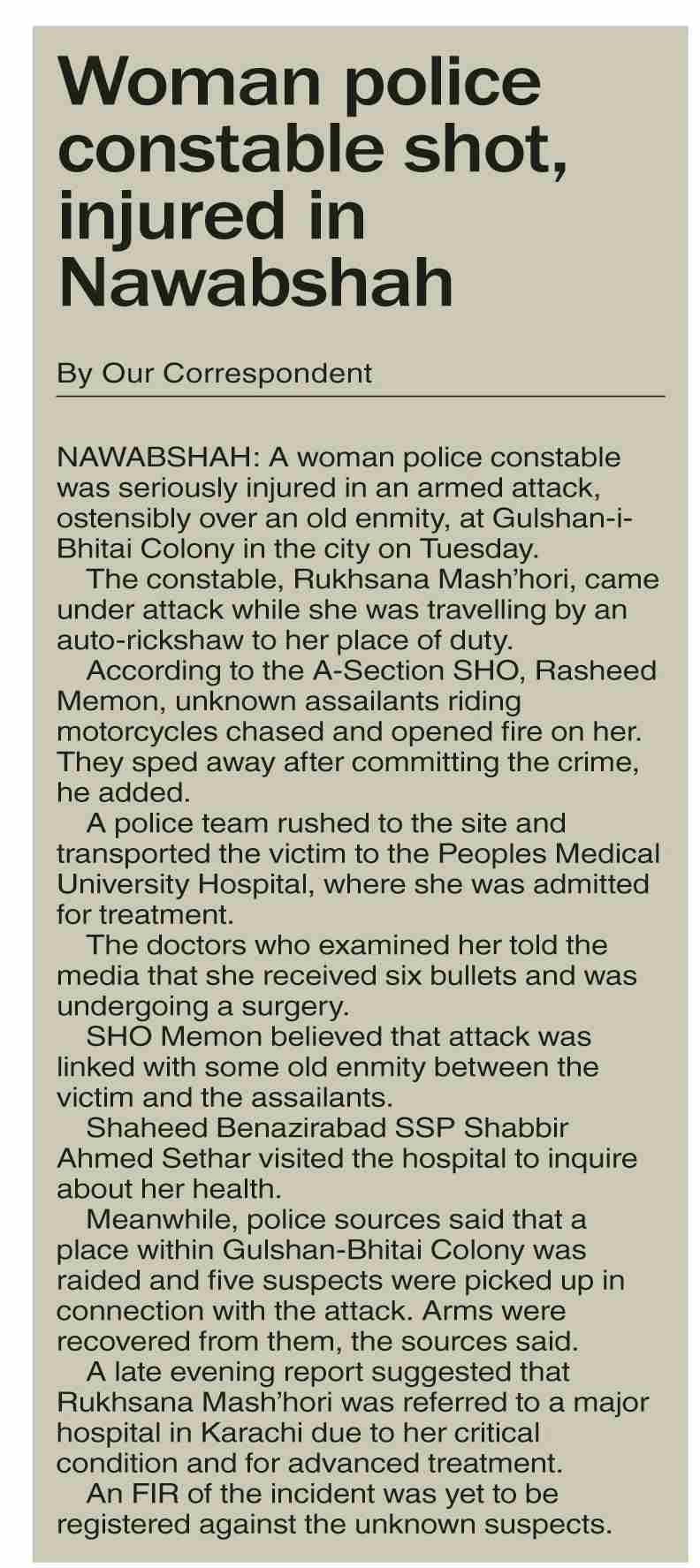 Dawn-ePaper | Dec 10, 2025 | Woman police constable shot, injured in ...