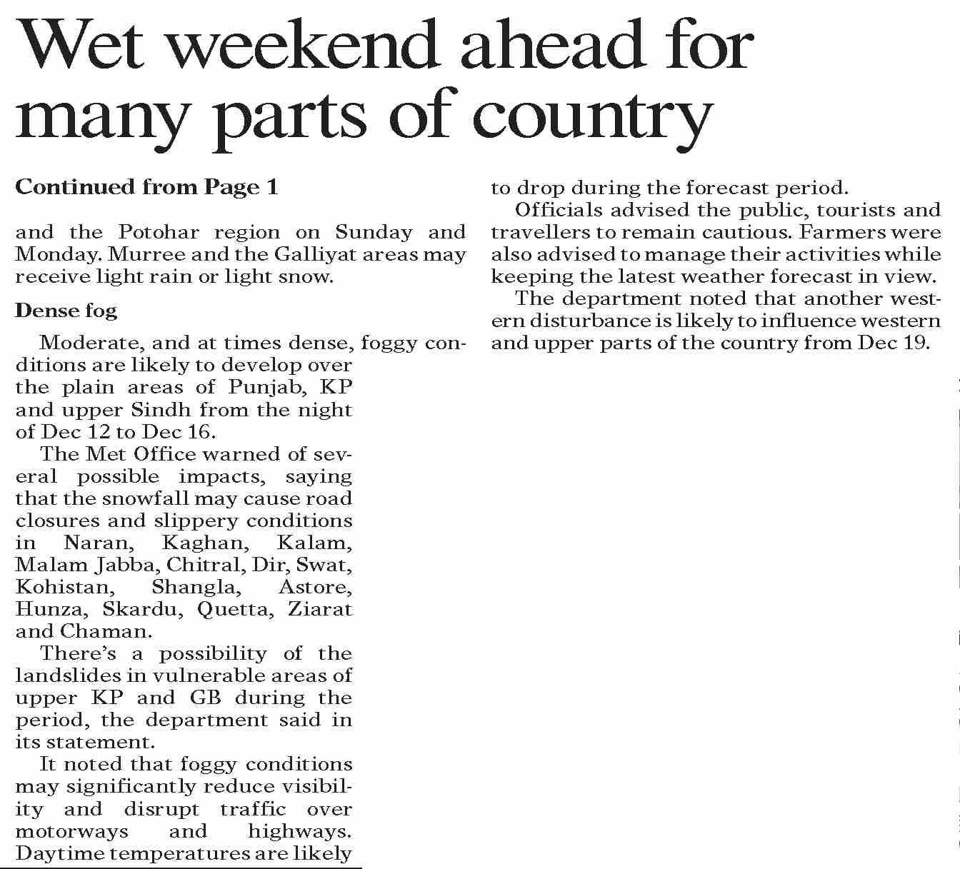 Epaper Weekend Dawn-ePaper | Dec 13, 2025 | Wet weekend ahead for many parts of country