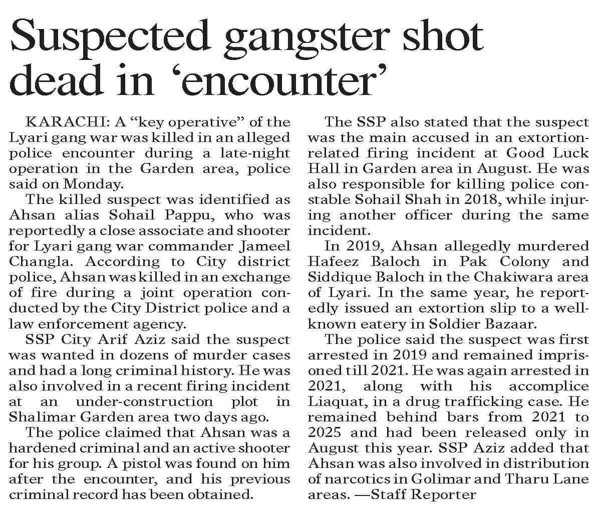 Dawn-ePaper | Dec 16, 2025 | Suspected gangster shot dead in `encounter`