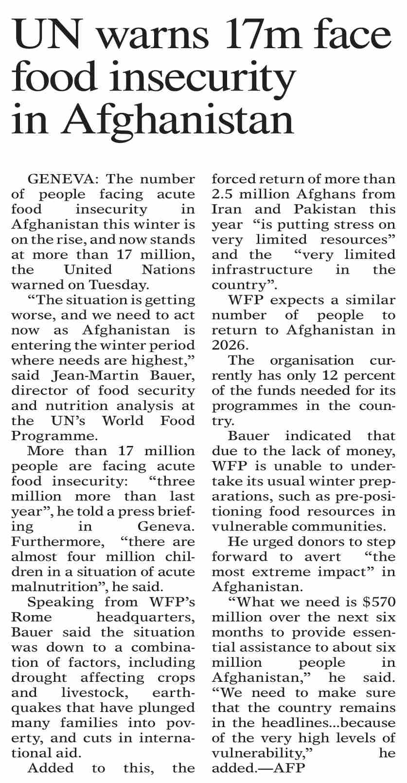 Dawn-ePaper | Dec 17, 2025 | UN warns 17m face food insecurity in ...