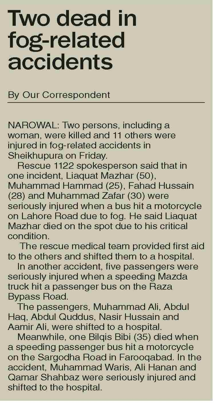 Dawn-ePaper | Dec 20, 2025 | Two dead in fog-related accidents