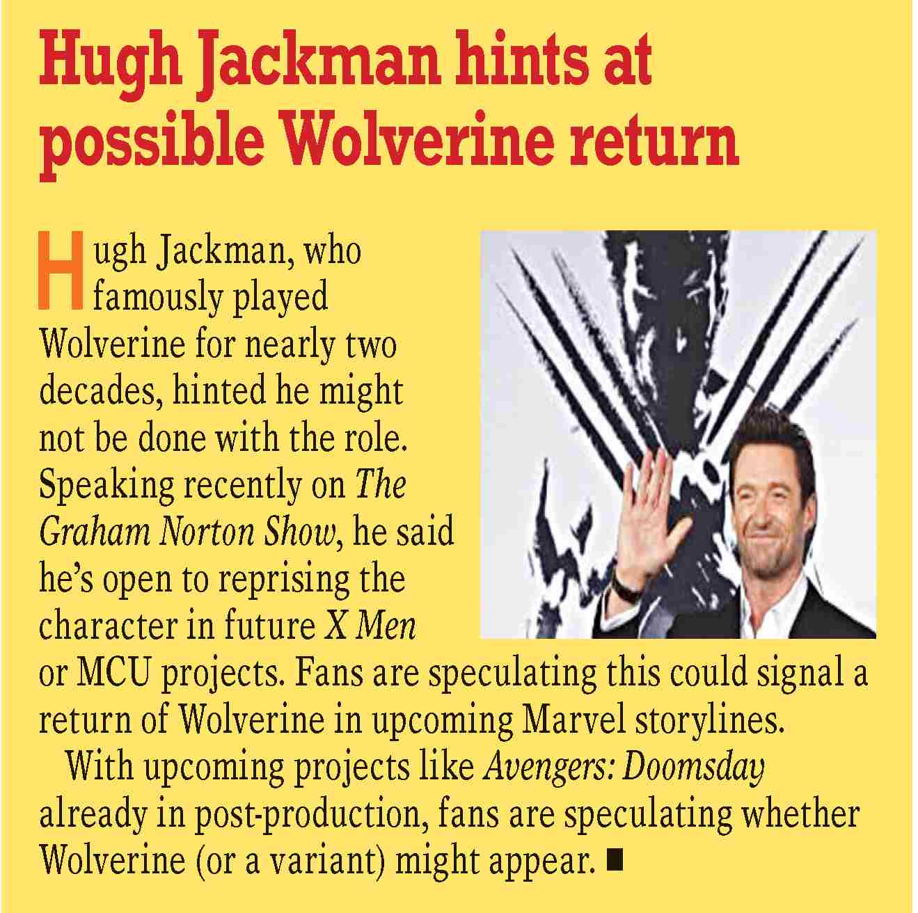 Dawn-ePaper | Dec 27, 2025 | Hugh Jackman hints at possible Wolverine ...