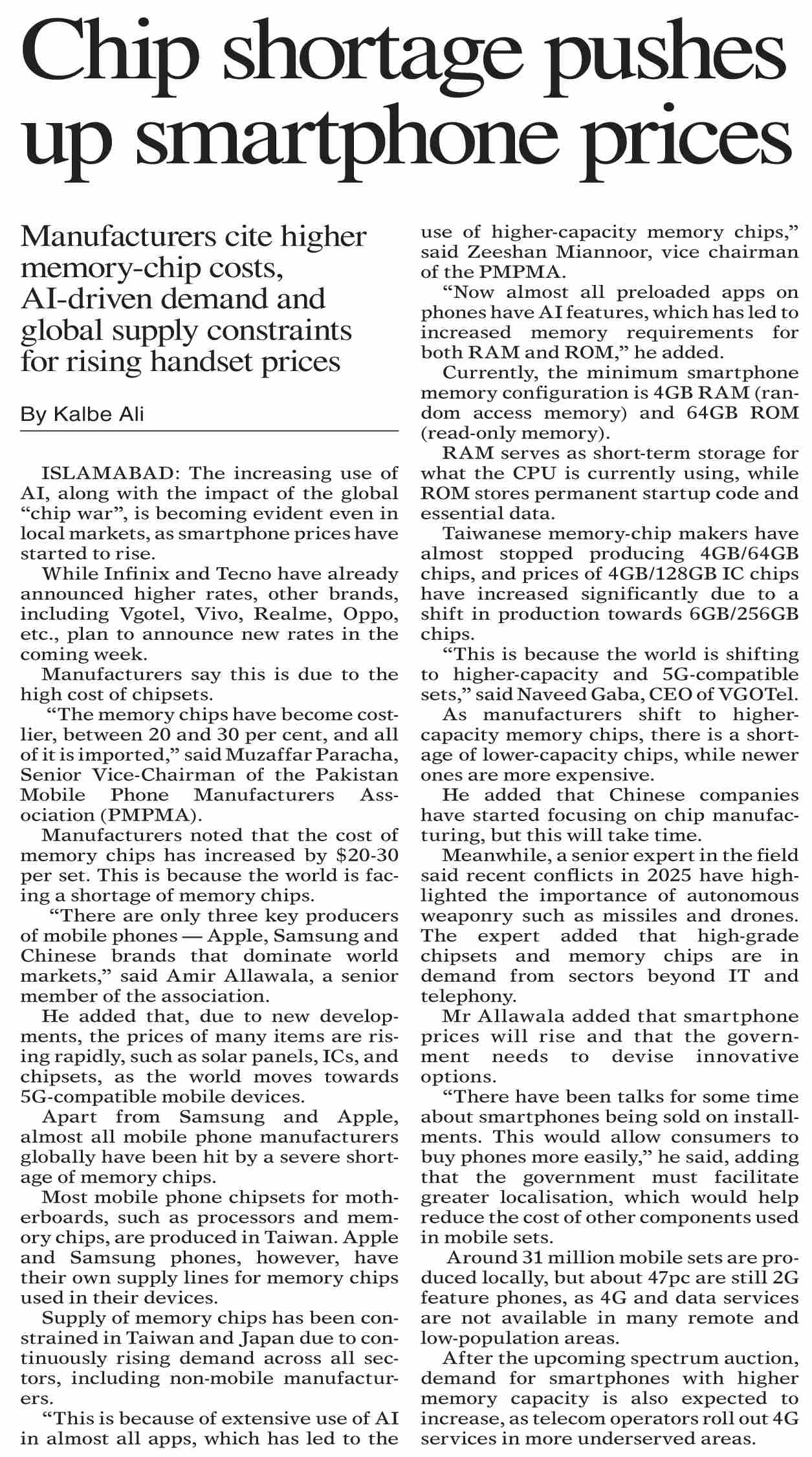 Dawn-ePaper | Jan 04, 2026 | Chip shortage pushes up smartphone prices