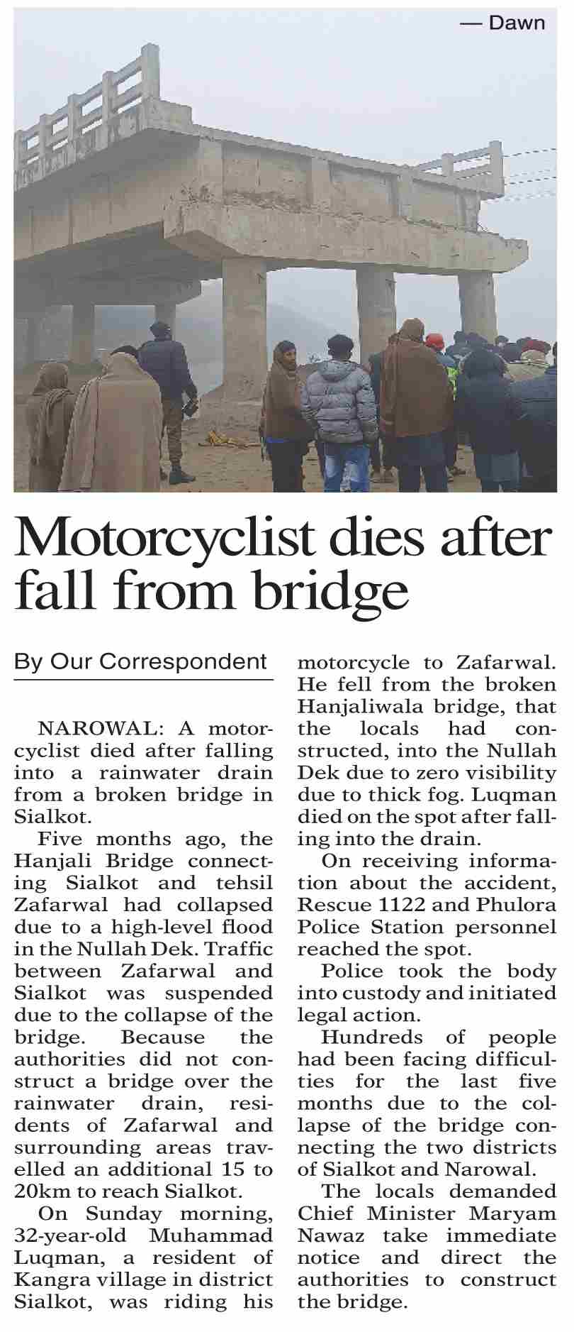 Dawn-ePaper | Jan 12, 2026 | Motorcyclist dies after fall from bridge