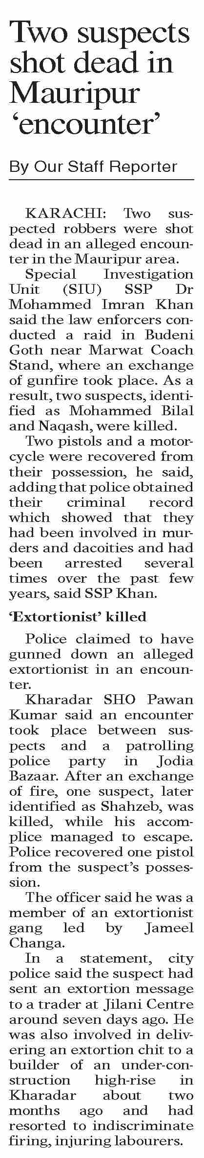 Dawn-ePaper | Jan 13, 2026 | Two suspects shot dead in Mauripur `encounter`