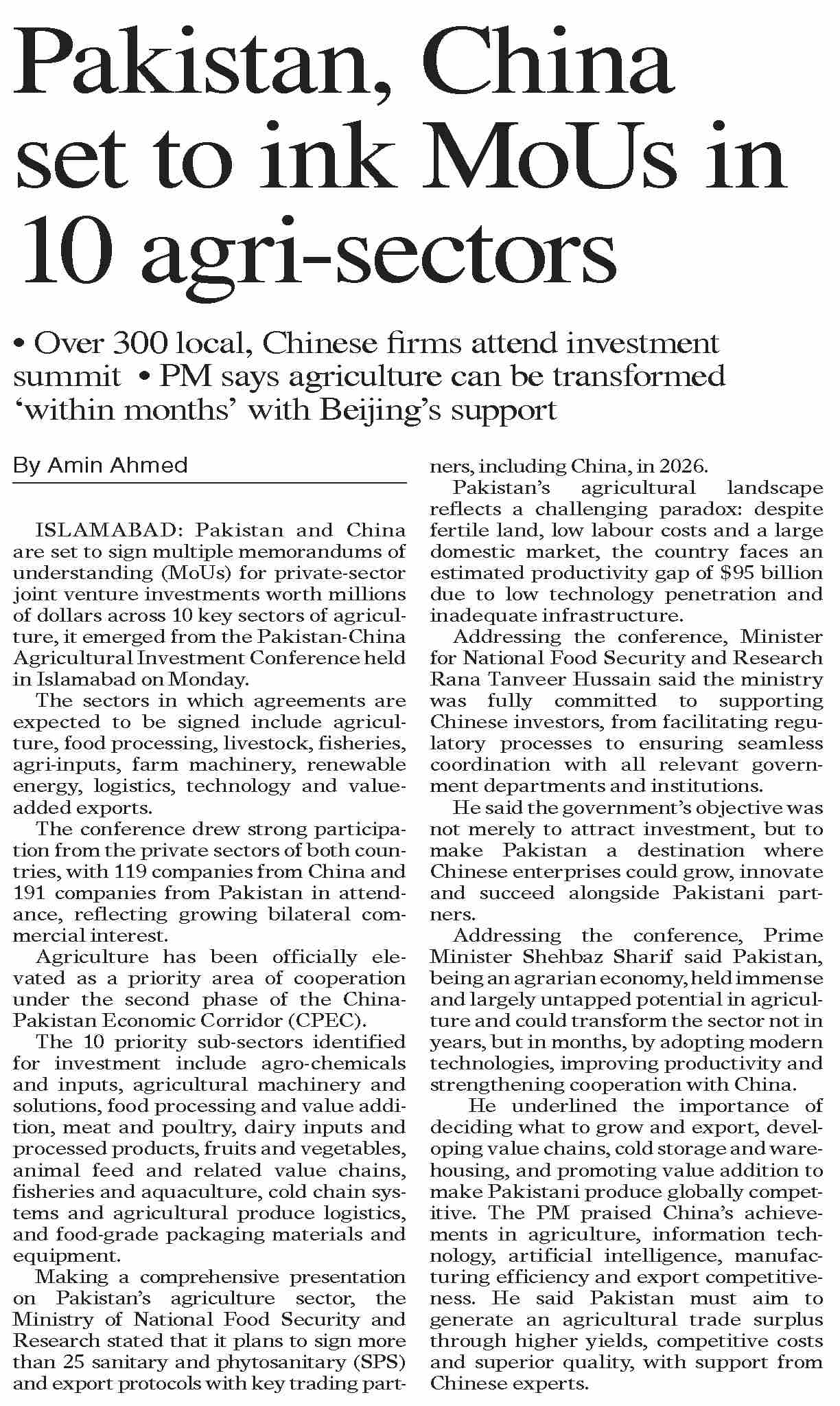 Dawn-ePaper | Jan 20, 2026 | Pakistan, China set to ink MoUs in 10 agri ...