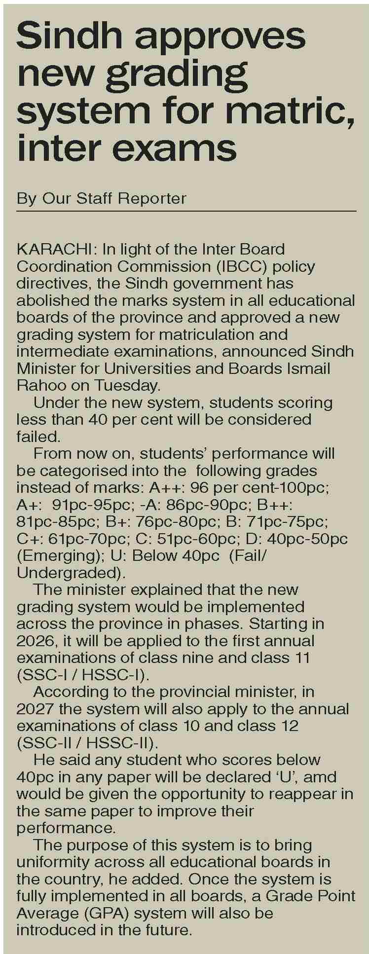 Dawn-ePaper | Jan 21, 2026 | Sindh approves new grading system for ...