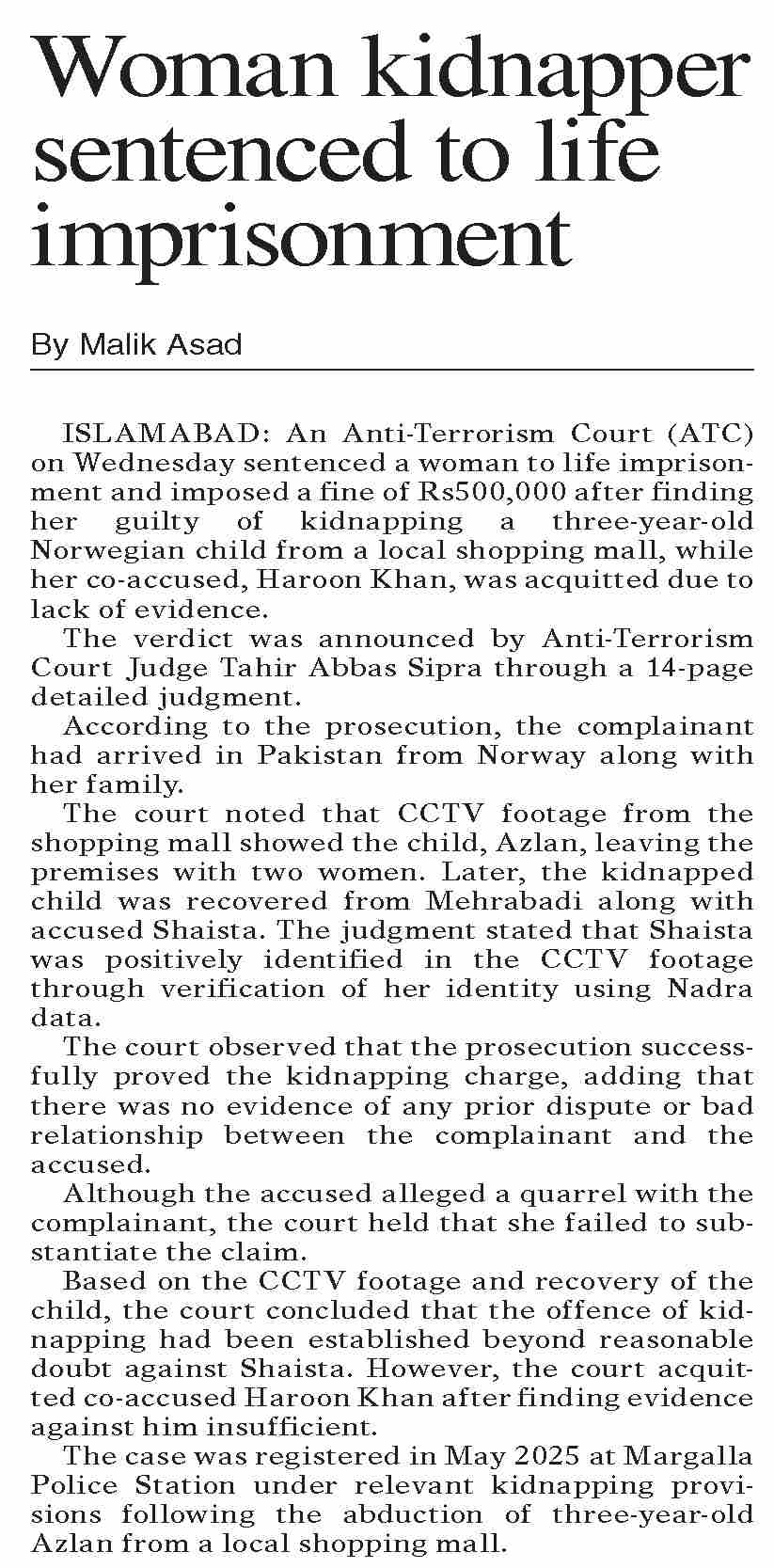 Dawn-ePaper | Jan 22, 2026 | Woman kidnapper sentenced to life imprisonment