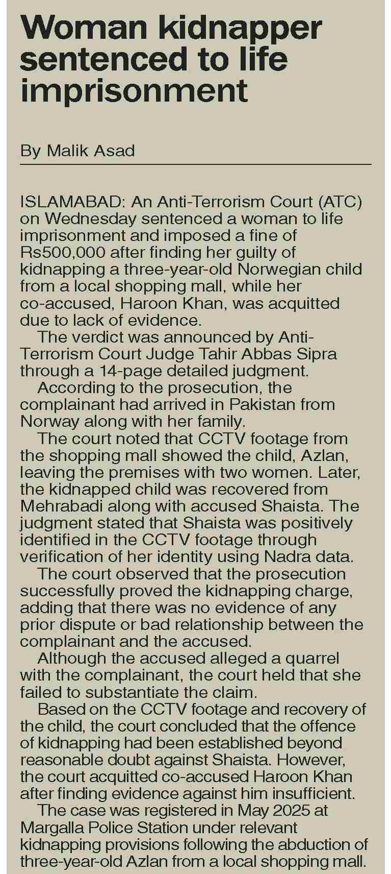 Dawn-ePaper | Jan 22, 2026 | Woman kidnapper sentenced to life imprisonment