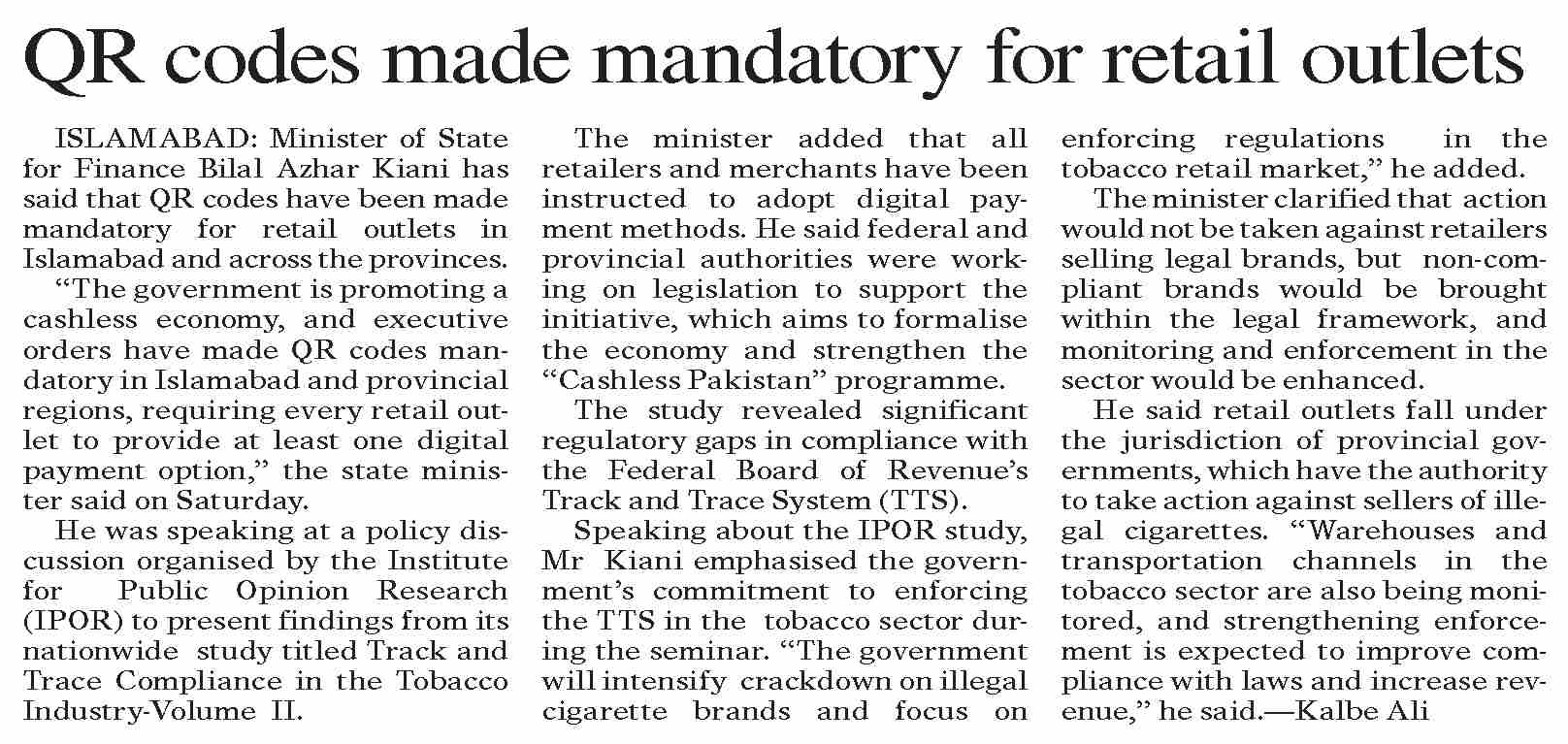 Dawn-ePaper | Jan 25, 2026 | QR codes made mandatory for retail outlets