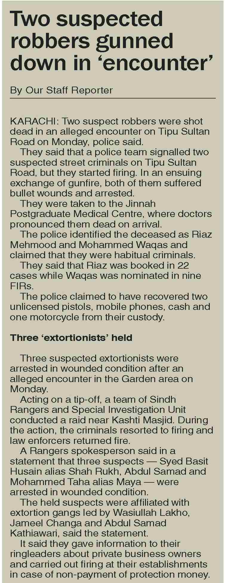 Dawn-ePaper | Feb 03, 2026 | Two suspected robbers gunned down in ...