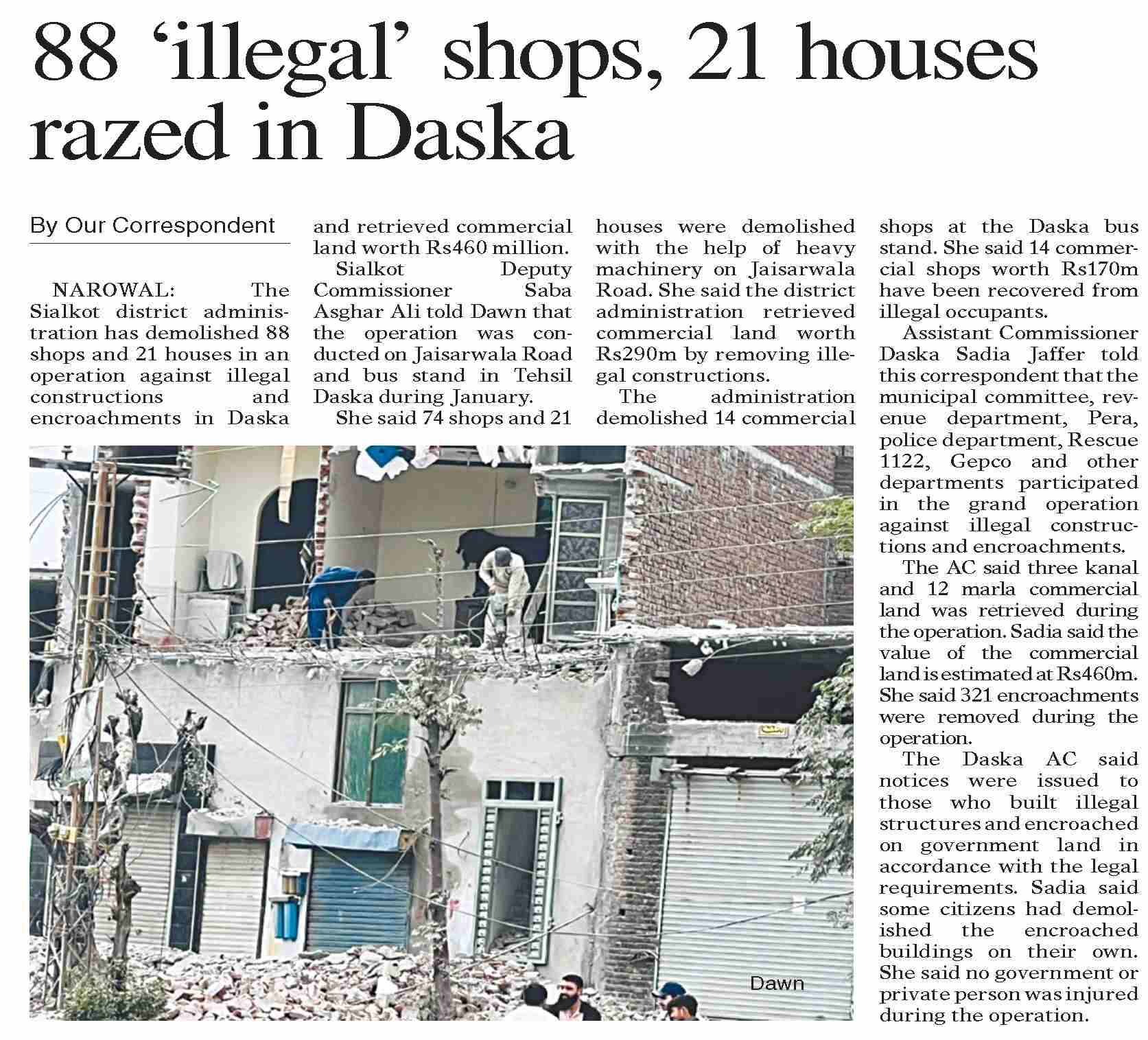 Dawn-ePaper | Feb 04, 2026 | 88 `illegal` shops, 21 houses razed in Daska