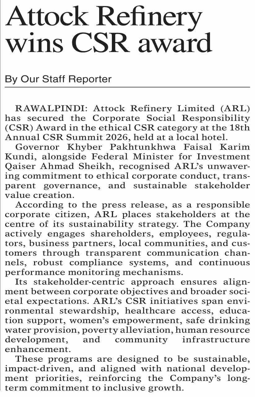 Epaper Csr Dawn-ePaper | Feb 15, 2026 | Attock Refinery wins CSR award