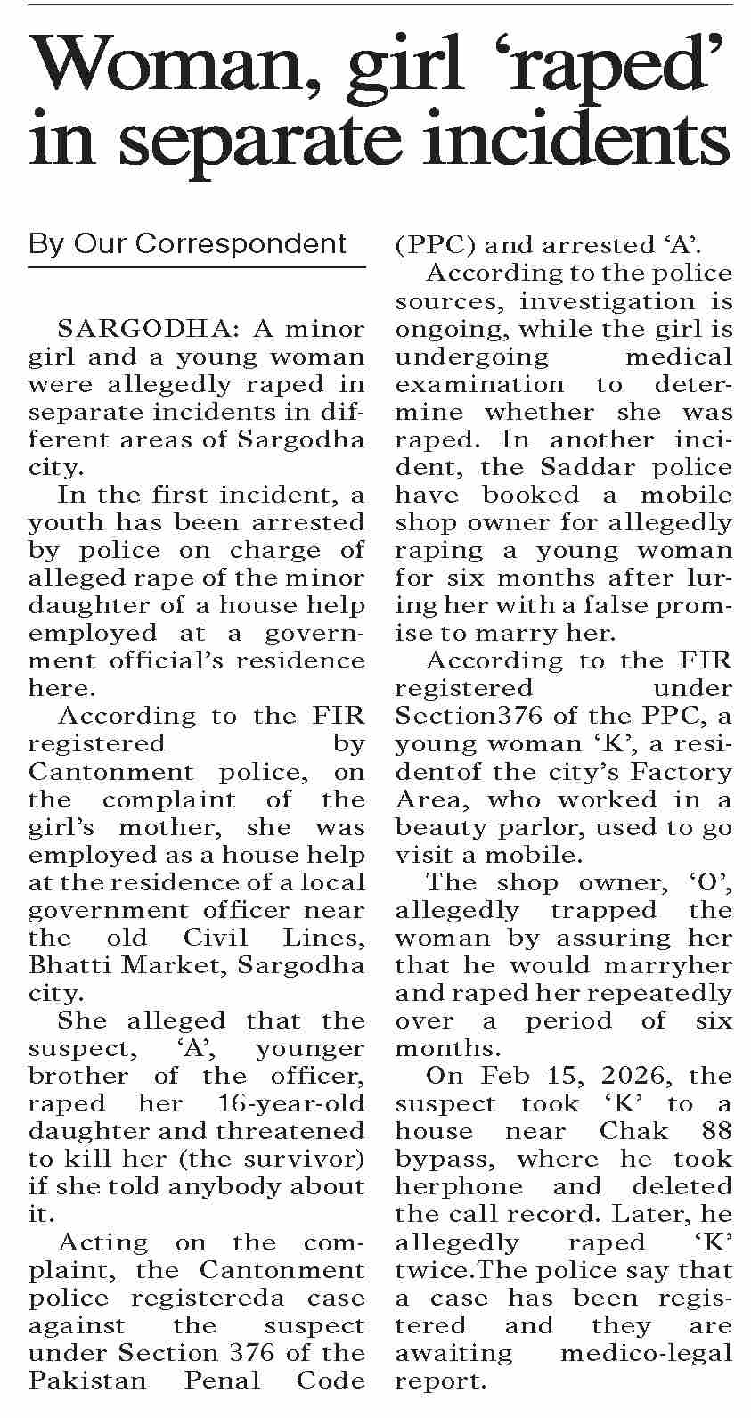 Dawn-ePaper | Feb 24, 2026 | Woman, girl `raped` in separate incidents
