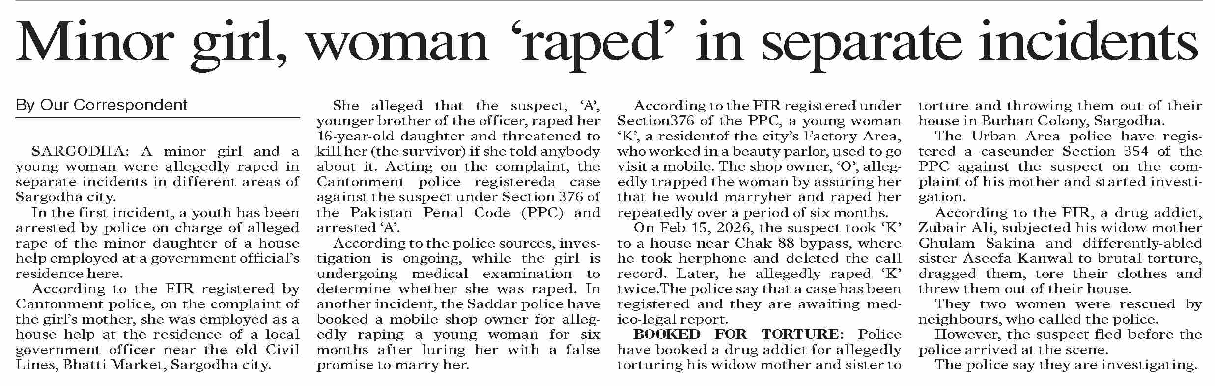 Dawn-ePaper | Feb 24, 2026 | Minor girl, woman `raped` in separate ...