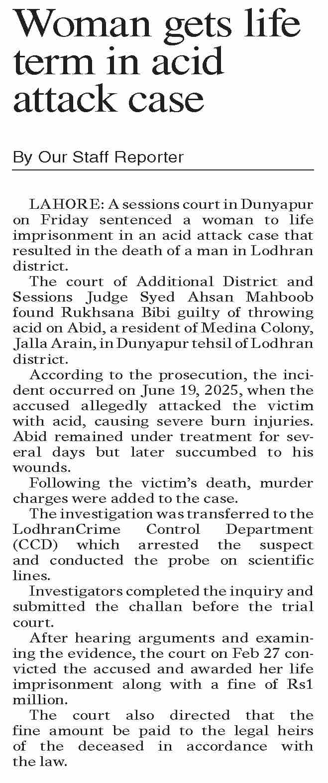 Dawn-ePaper | Feb 28, 2026 | Woman gets life term in acid attack case