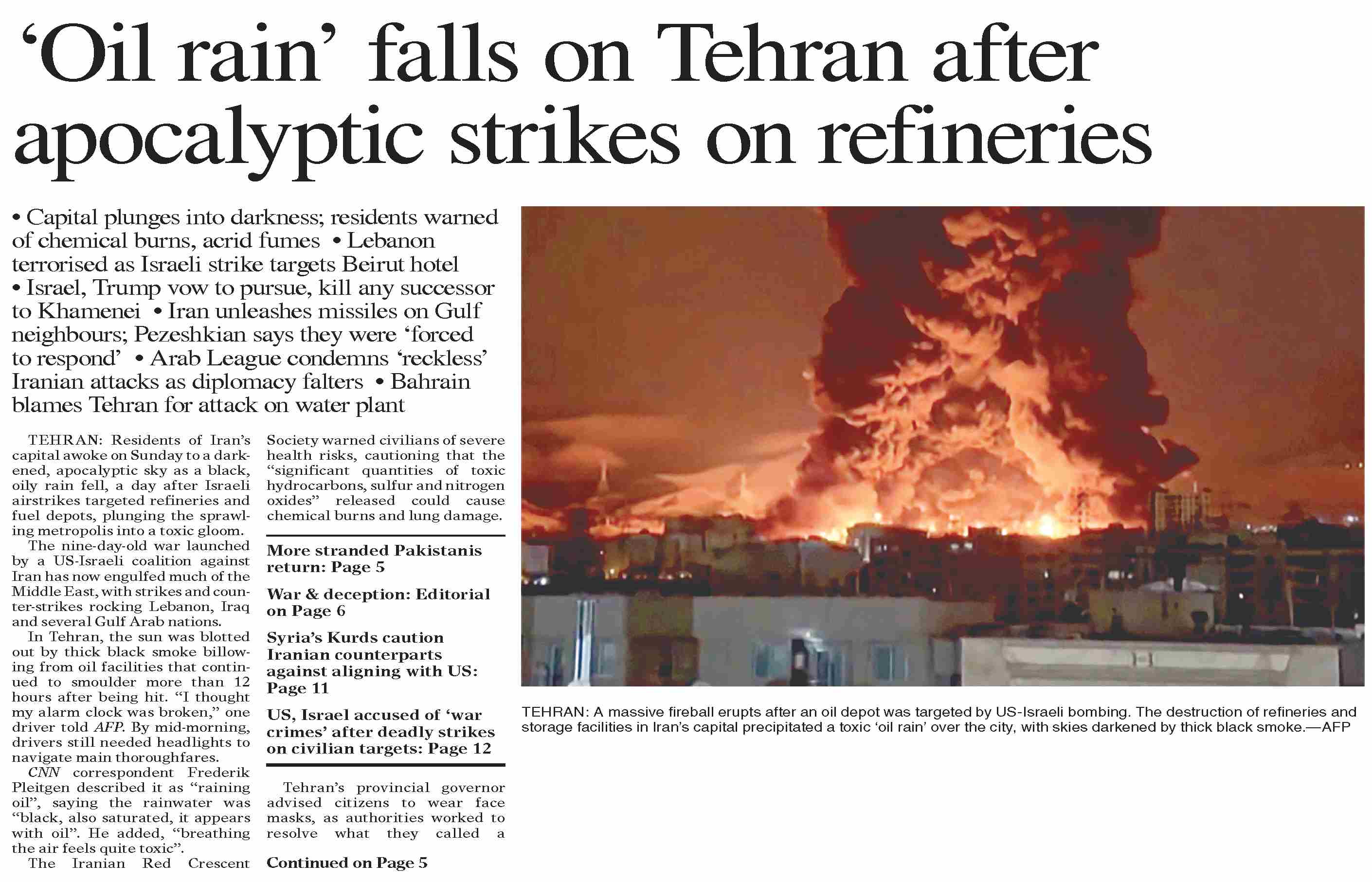 Tehran Raining Oil Dawn-ePaper | Mar 09, 2026 | `Oil rain` falls on Tehran after ...