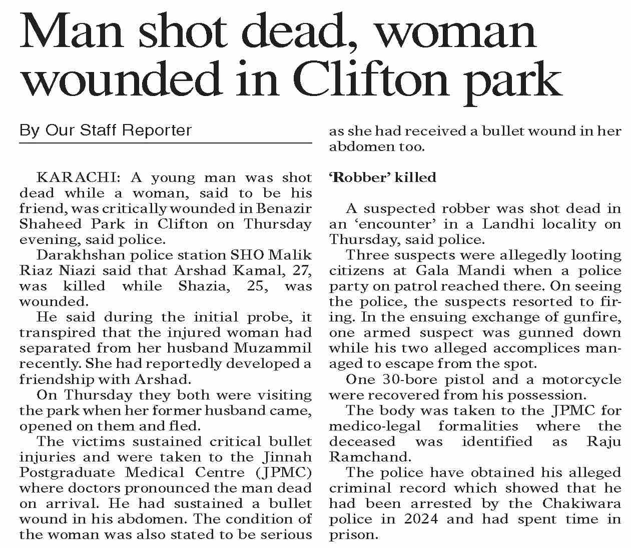 Dawn-ePaper | Mar 13, 2026 | Man shot dead, woman wounded in Clifton park