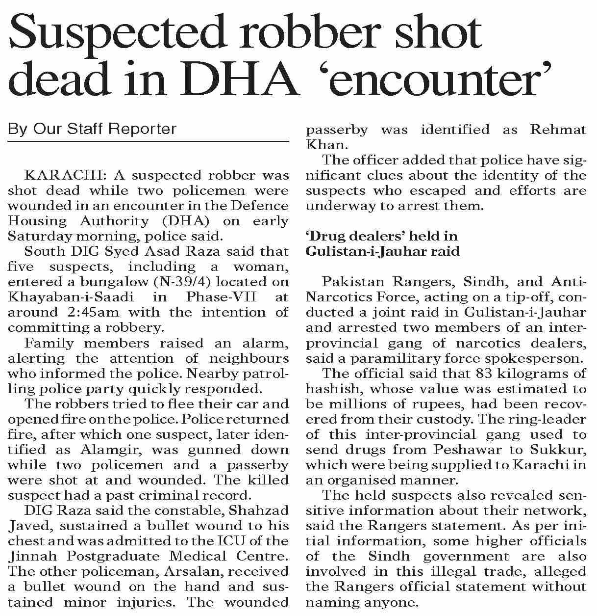 Dawn-ePaper | Mar 15, 2026 | Suspected robber shot dead in DHA `encounter`