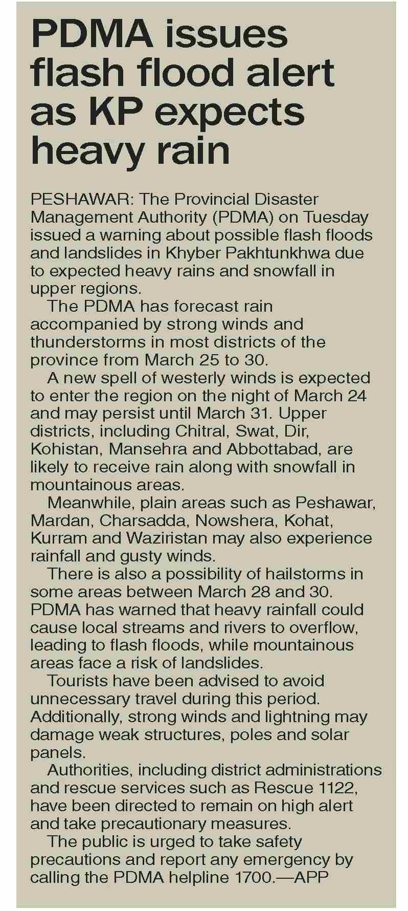 Dawn-ePaper | Mar 25, 2026 | PDMA issues flash flood alert as KP ...