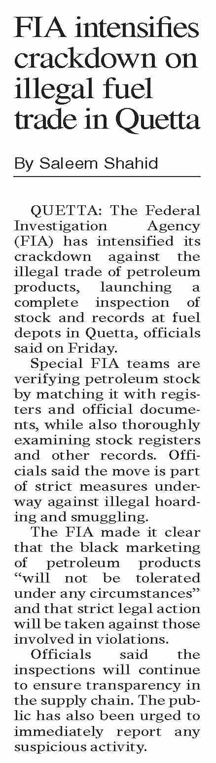 Dawn-ePaper | Apr 04, 2026 | FIA intensifies crackdown on illegal fuel ...