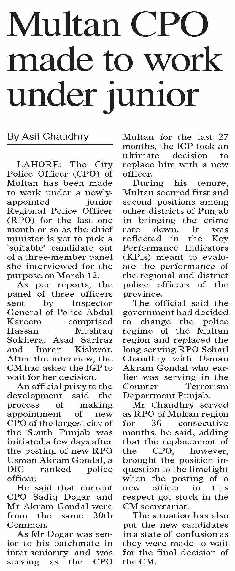 Dawn-ePaper | Apr 14, 2026 | Multan CPO made to work under junior