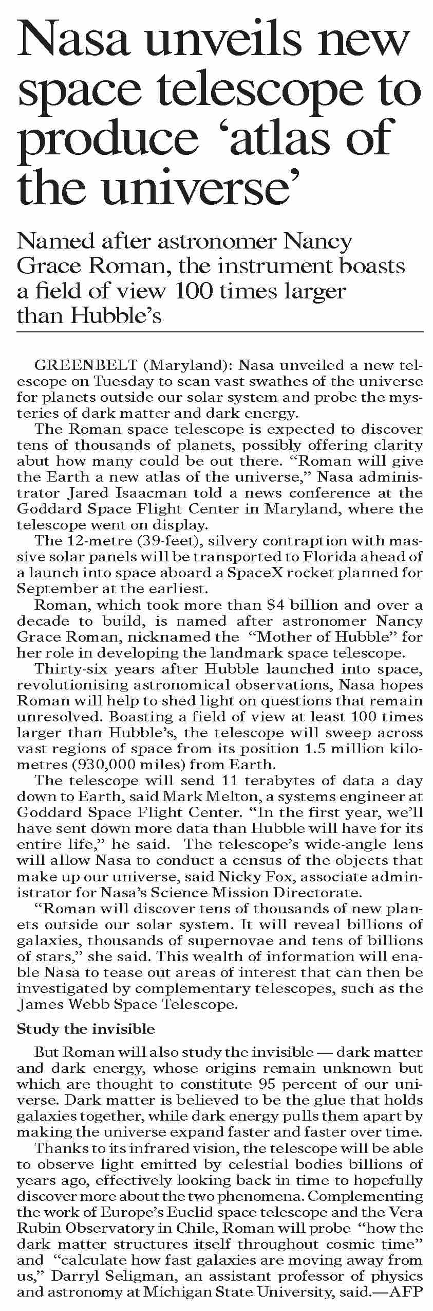 Dawn-ePaper | Apr 23, 2026 | Nasa unveils new space telescope to ...