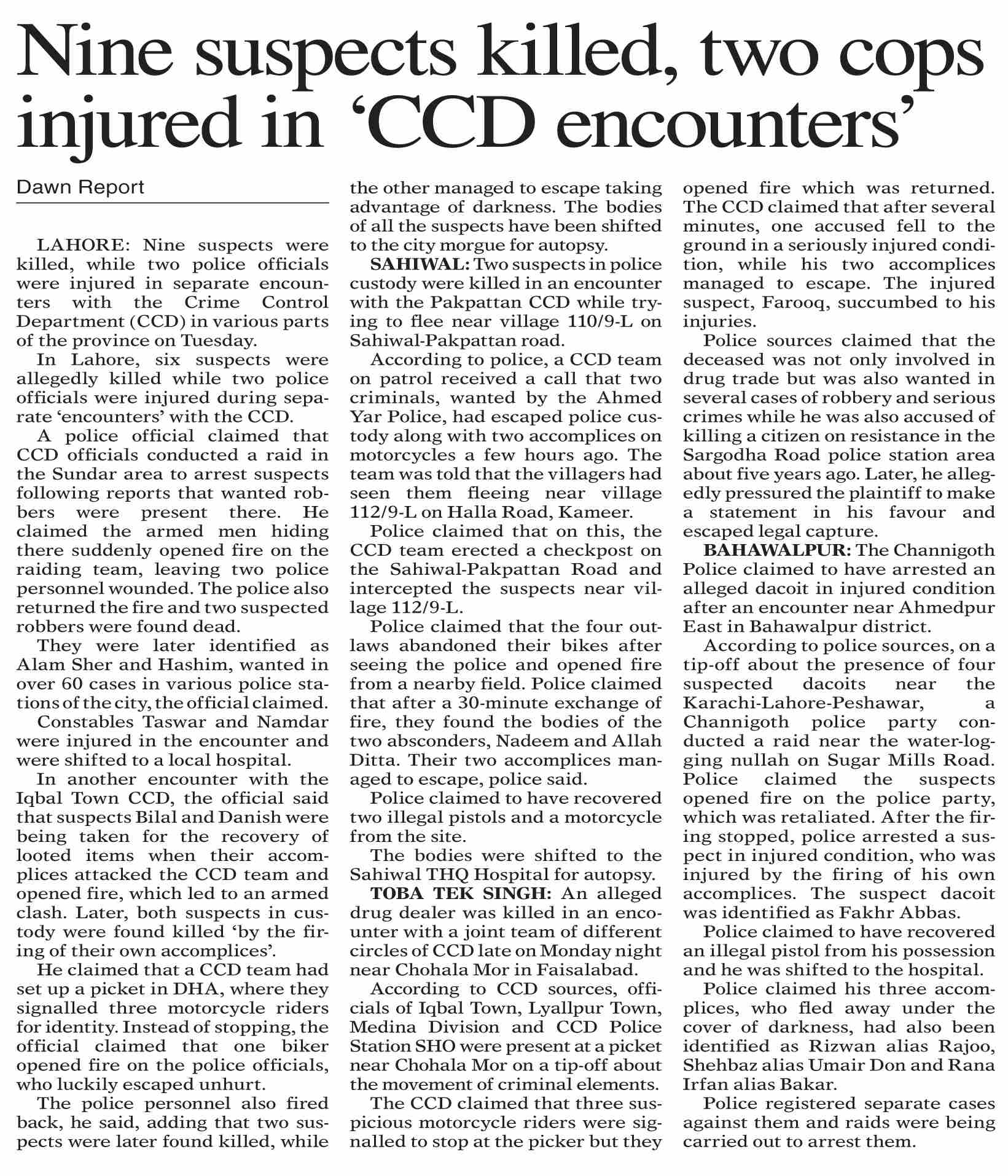 Dawn-ePaper | Apr 29, 2026 | Nine suspects killed, two cops injured in ...