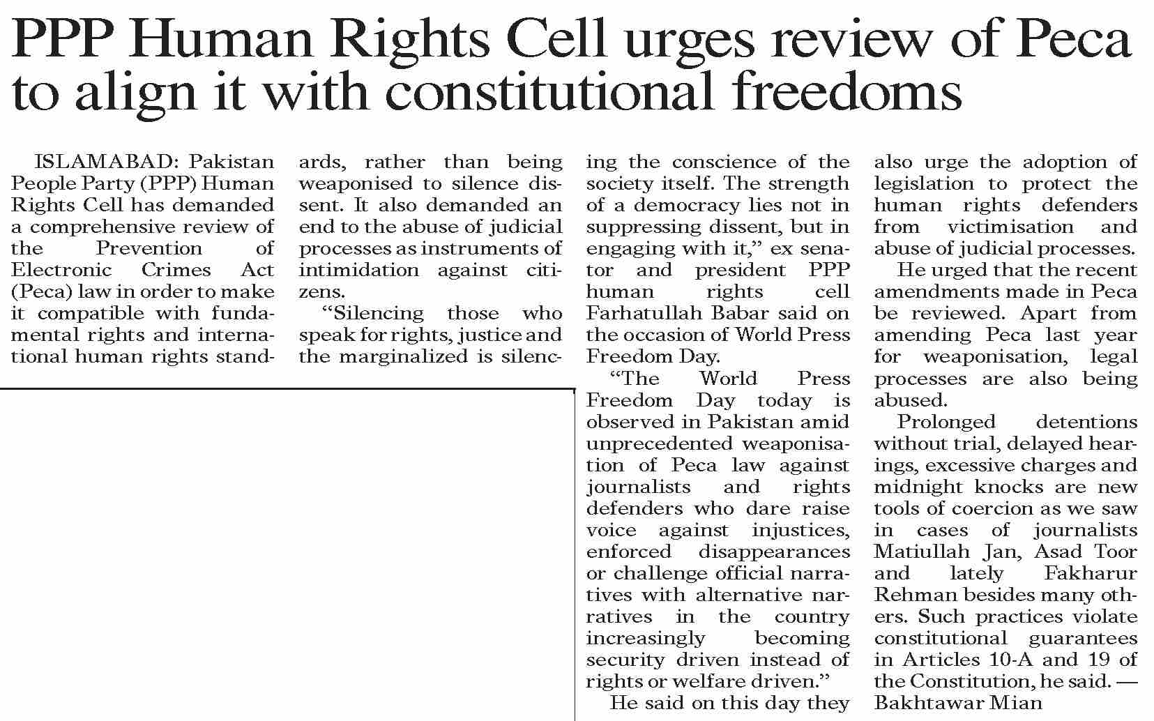Dawn-ePaper | May 03, 2026 | PPP Human Rights Cell urges review of Peca ...