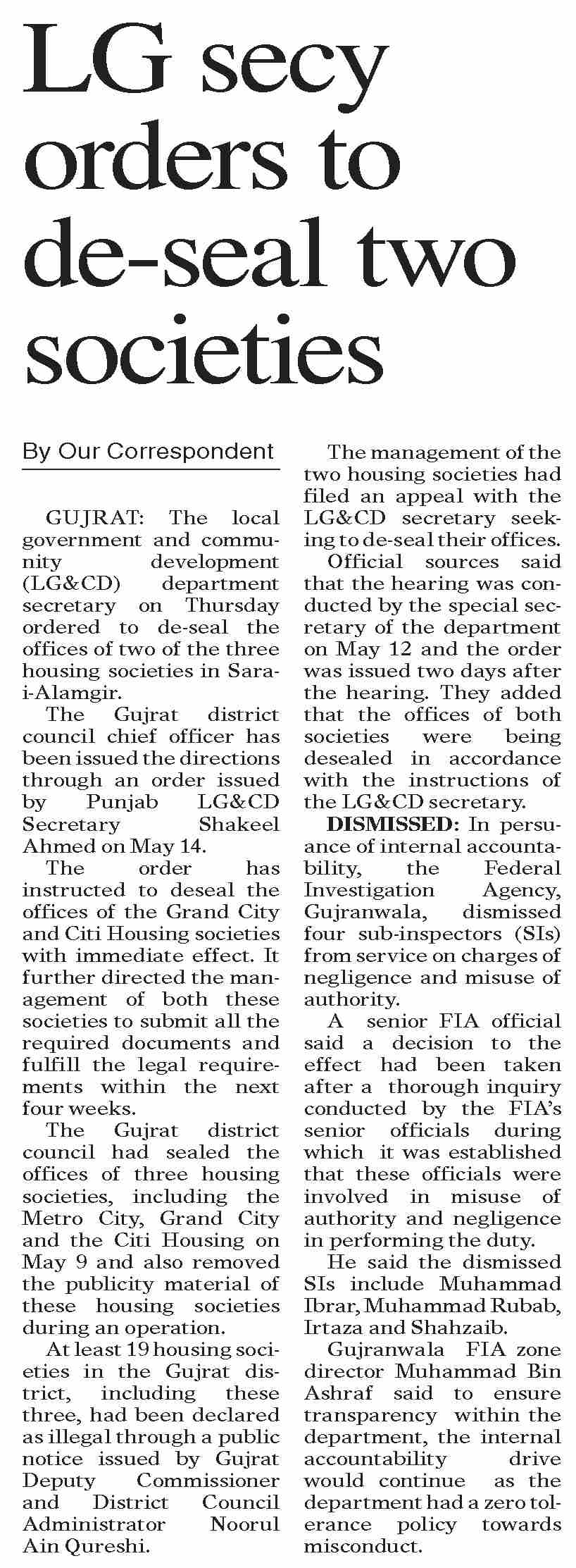 Lg Epaper Dawn-ePaper | May 15, 2026 | LG secy orders to de-seal two societies