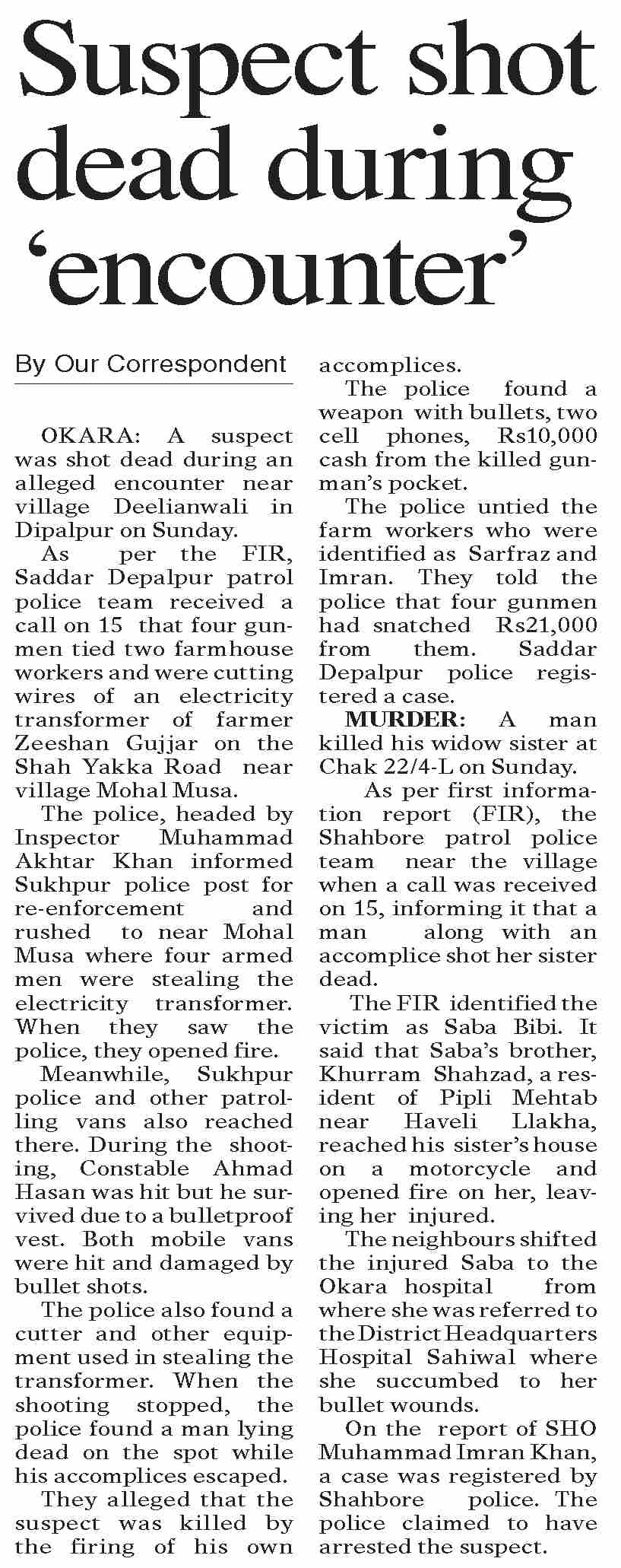 Dawn-ePaper | May 18, 2026 | Suspect shot dead during `encounter`