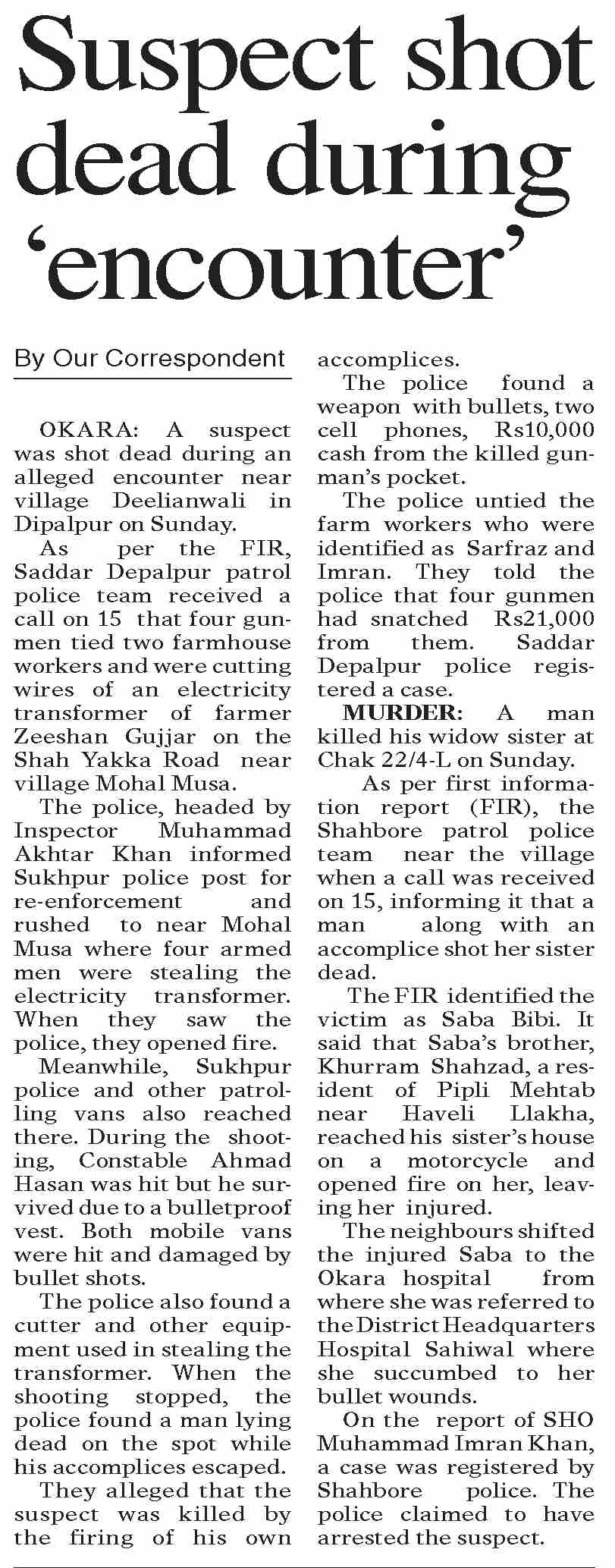 Dawn-ePaper | May 18, 2026 | Suspect shot dead during `encounter`