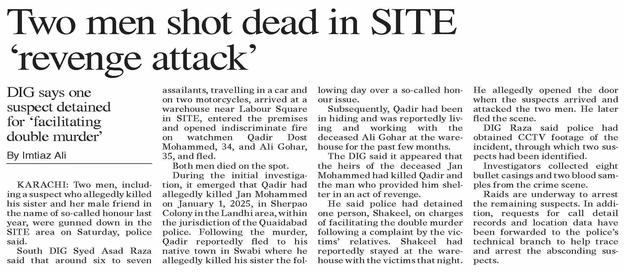 Dawn-ePaper | May 31, 2026 | Two men shot dead in SITE `revenge attack`