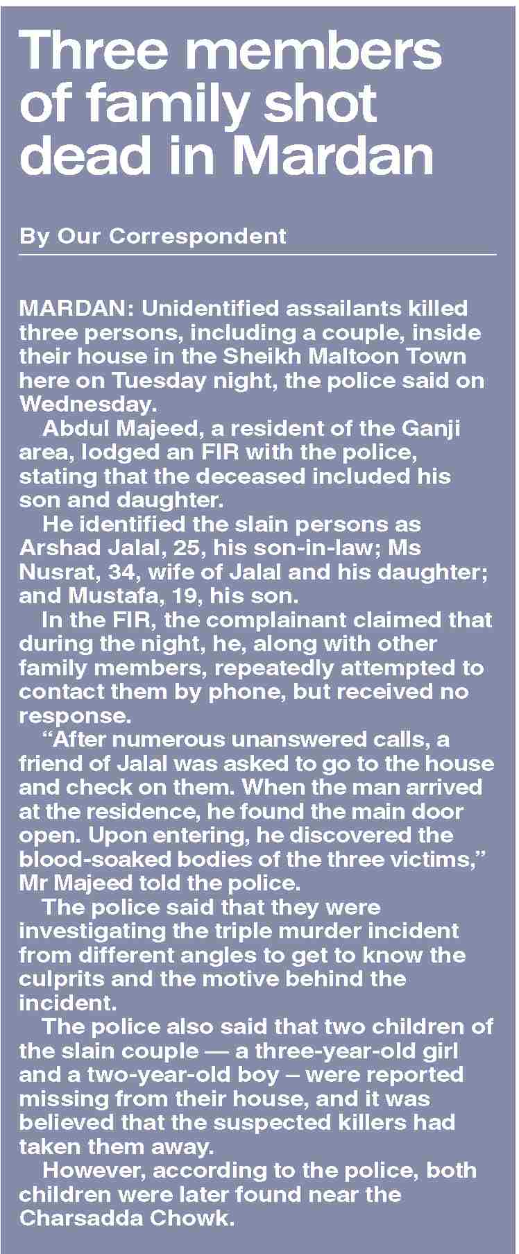 Dawn-ePaper | Jun 04, 2026 | Three members of family shot dead in Mardan
