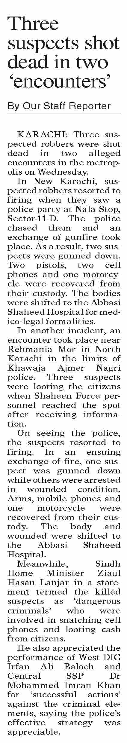 Dawn-ePaper | Jun 11, 2026 | Three suspects shot dead in two `encounters`