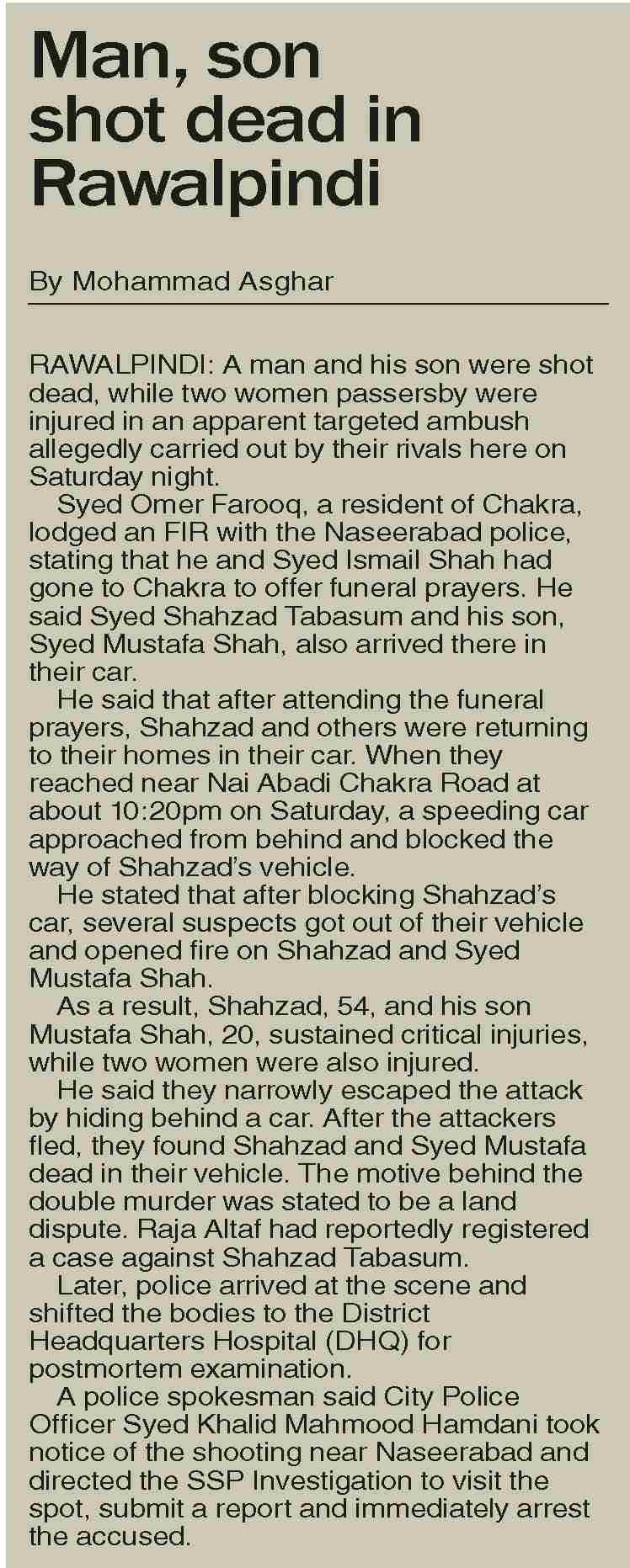 Dawn-ePaper | Jun 15, 2026 | Man, son shot dead in Rawalpindi