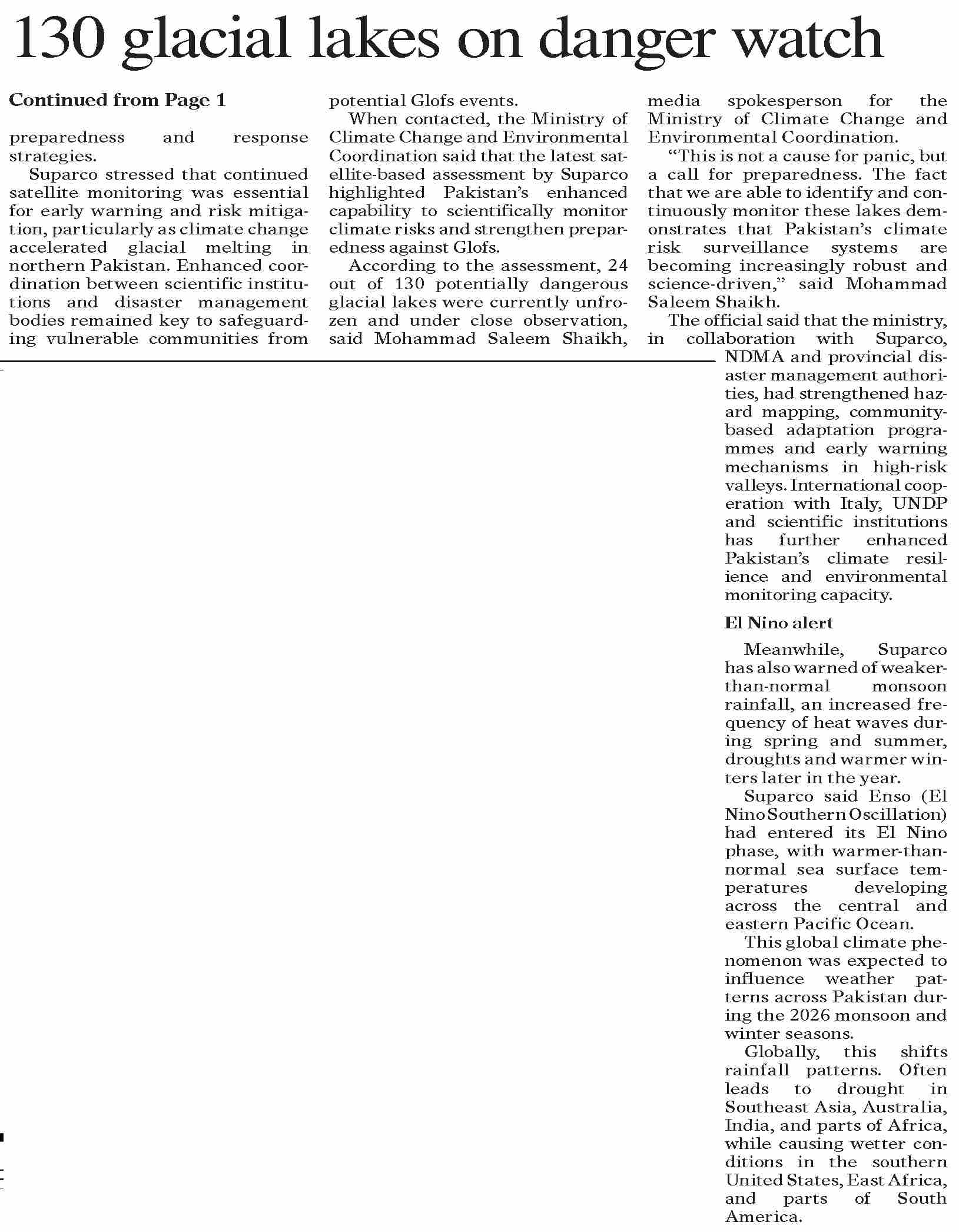 SUPARCO report on 130 dangerous glacial lakes