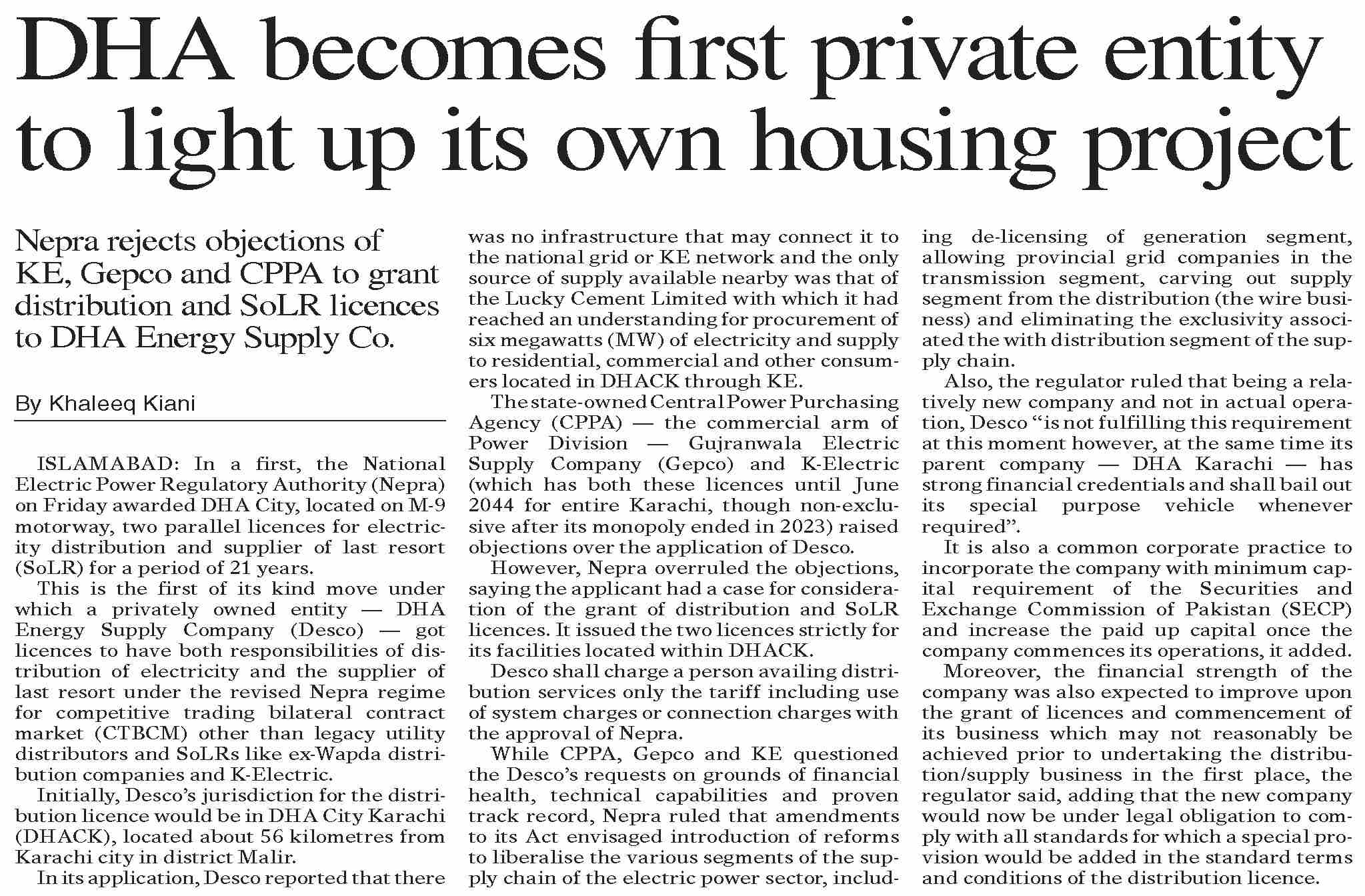 Dawn news report on DHA City Karachi private electricity license