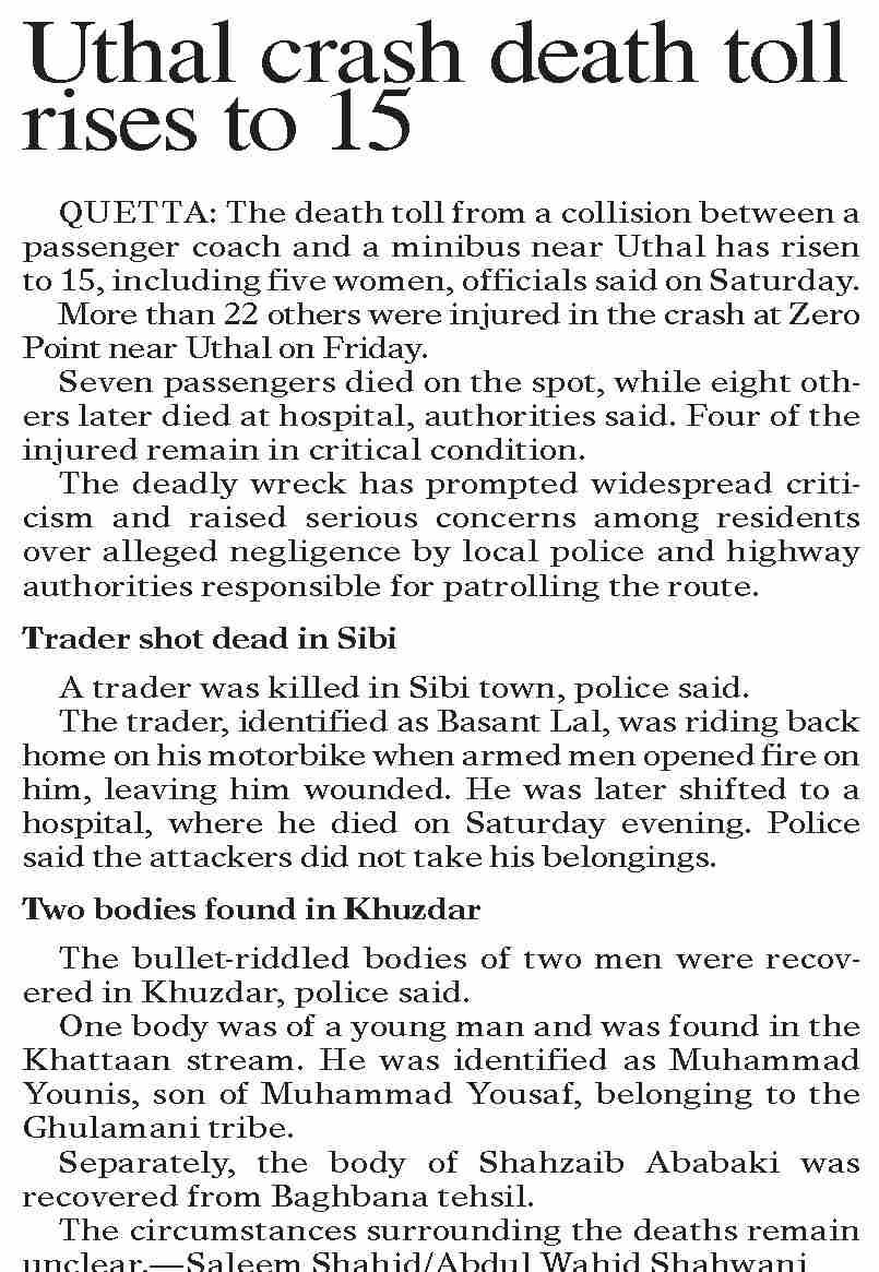 Dawn-ePaper | Oct 25, 2026 | Uthal crash death toll rises to 15